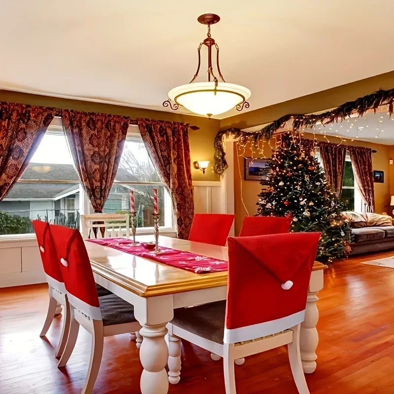 1-12PCS Red Holiday Chair Cover Removable Non Woven Fabric Christmas Hat Design for Dining Room Party and Seasonal Decoration