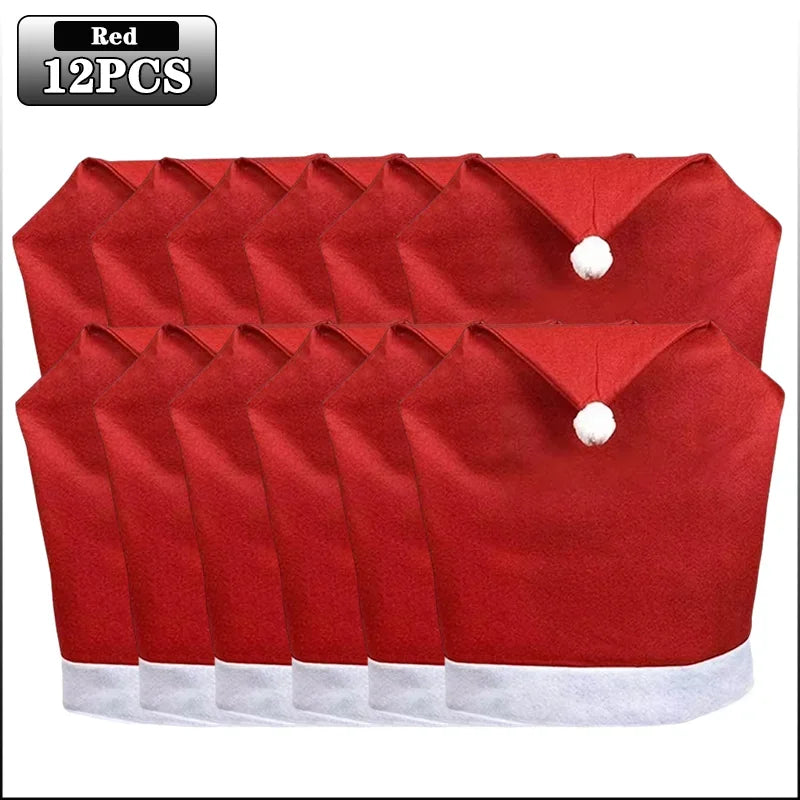1-12PCS Red Holiday Chair Cover Removable Non Woven Fabric Christmas Hat Design for Dining Room Party and Seasonal Decoration