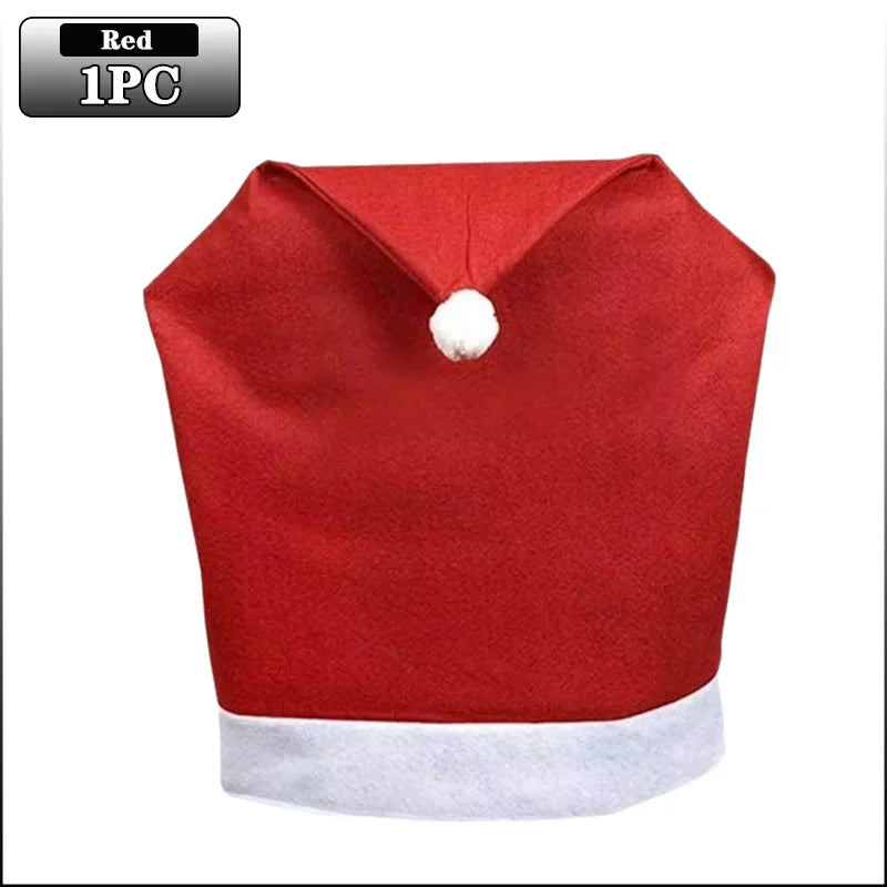 1-12PCS Red Holiday Chair Cover Removable Non Woven Fabric Christmas Hat Design for Dining Room Party and Seasonal Decoration
