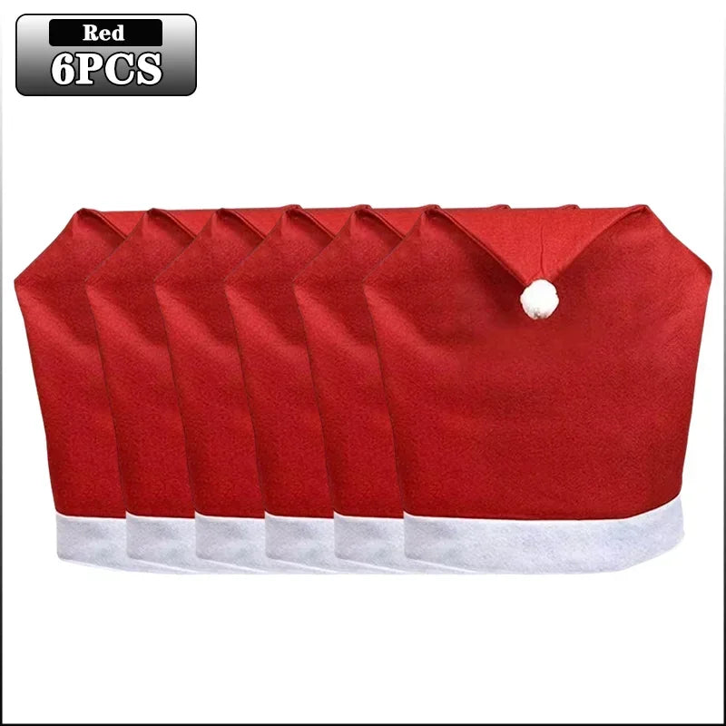 1-12PCS Red Holiday Chair Cover Removable Non Woven Fabric Christmas Hat Design for Dining Room Party and Seasonal Decoration