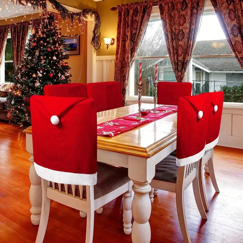 1-12PCS Red Holiday Chair Cover Removable Non Woven Fabric Christmas Hat Design for Dining Room Party and Seasonal Decoration